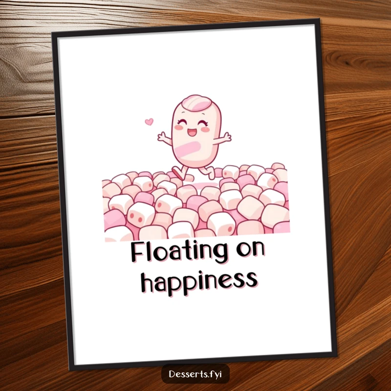 Funny digital art print of a gleeful candy character skipping through a marshmallow field, offering instant cheer and playful charm.