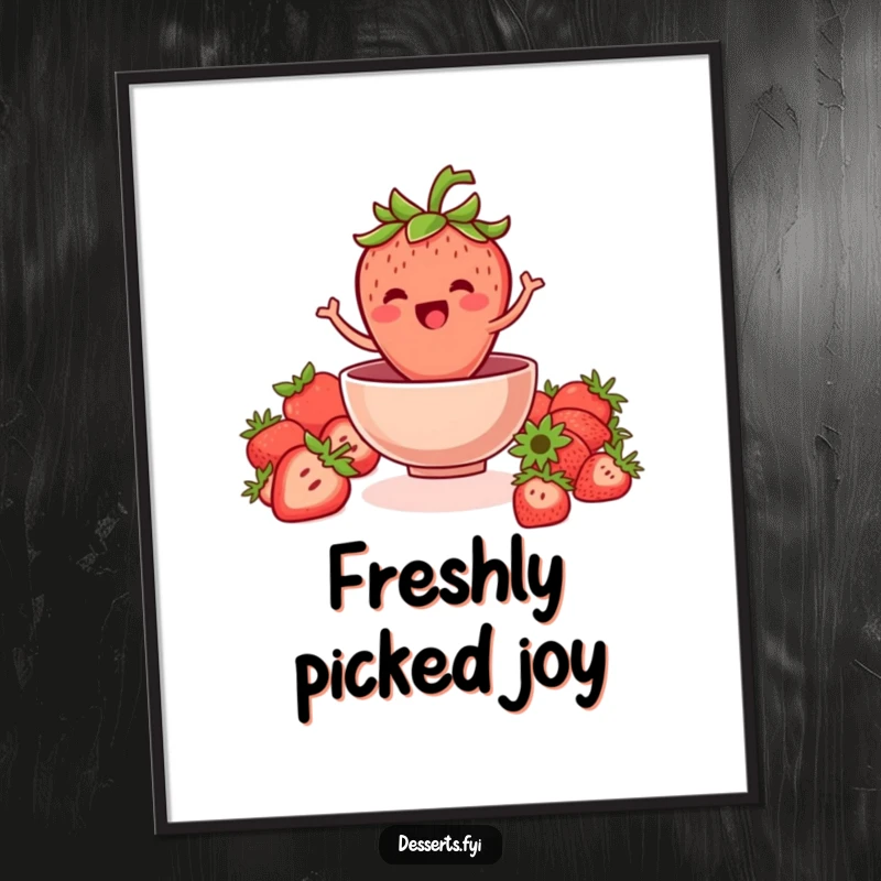 Funny digital art print of a jovial strawberry jumping into a bowl, perfect for adding instant fruity and humorous decor.