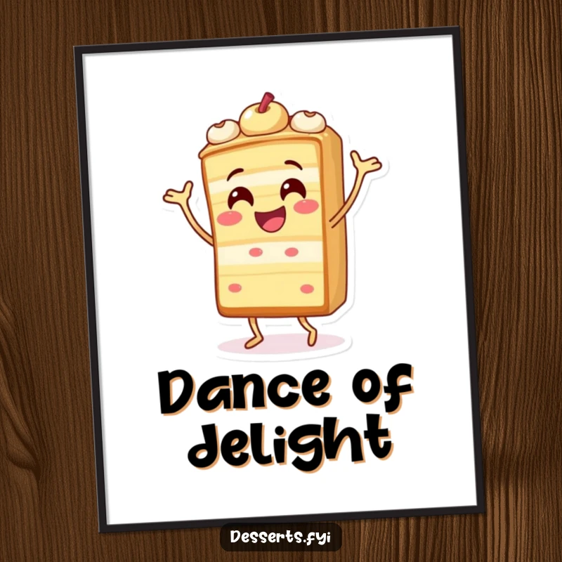 Funny digital art print of a cheerful cake slice character performing a silly dance, perfect for adding festive fun.