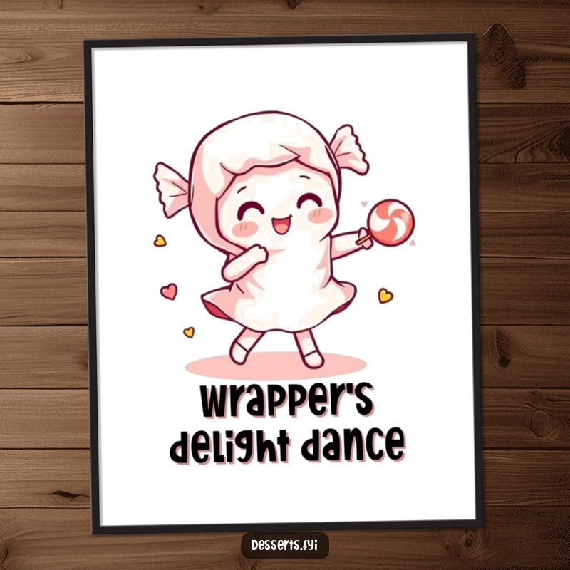 Funny digital art print of a playful candy wrapper dancing with a piece of candy, offering instant sweet joy and playful decor.