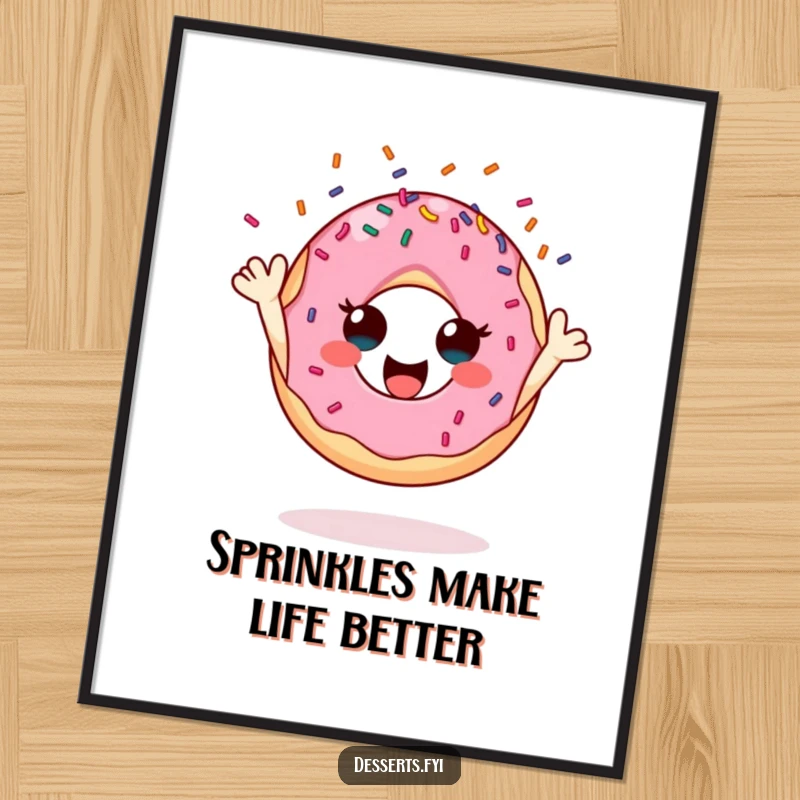 Funny donut digital art print, a happy character gleefully tossing sprinkles, perfect for instant wall decor and humor.