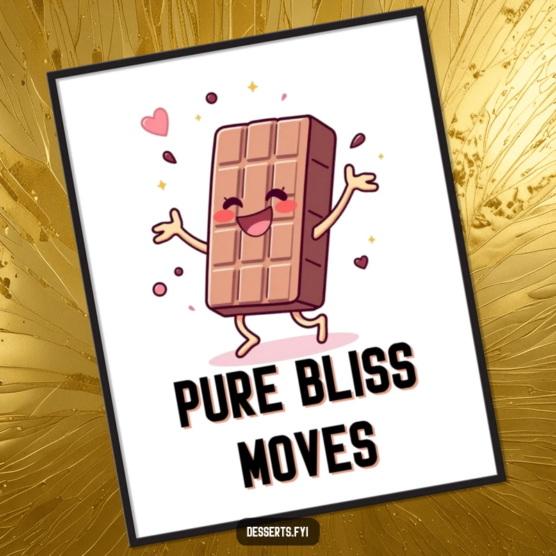 Funny digital art print of a joyful chocolate bar doing a vibrant, energetic dance, perfect for adding instant energy and celebration to any space.