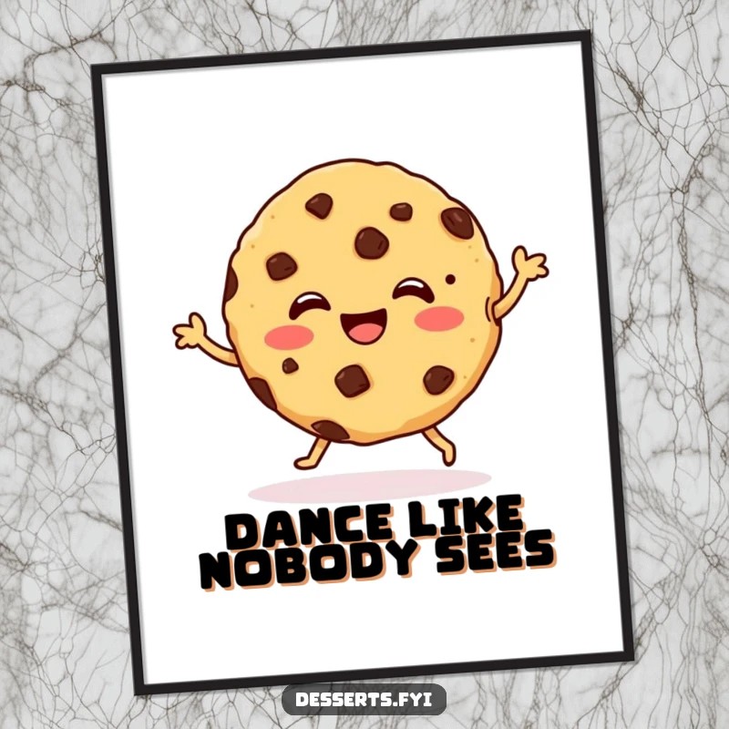 Funny Digital Art Print of a happy cookie character with chocolate chips dancing, perfect for adding sweet, humorous decor to any space.