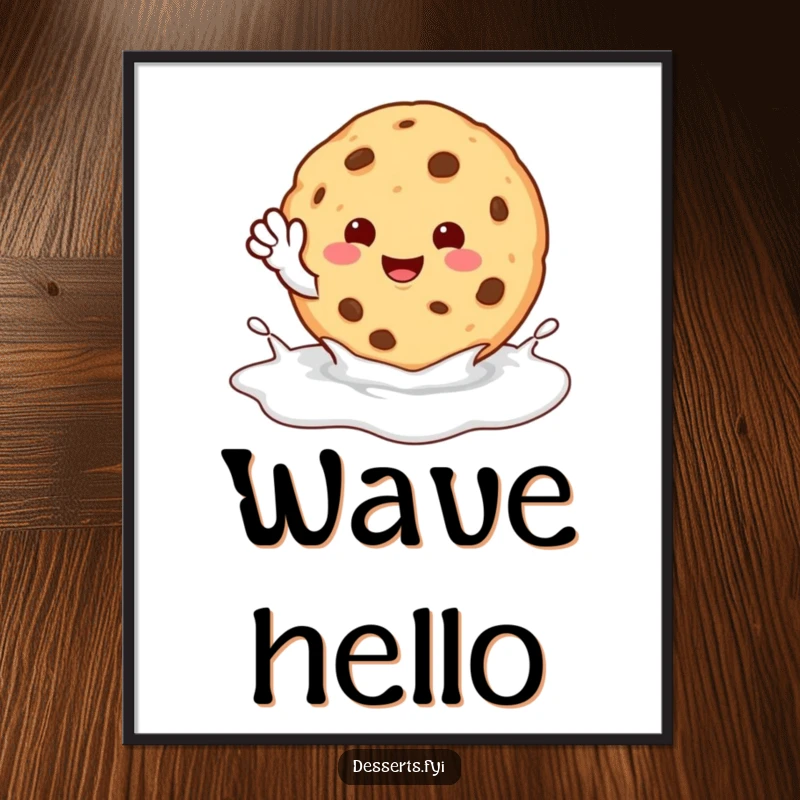 Funny Digital Art: A happy cookie character waves from a milk puddle, a cheerful and humorous artwork for instant download.