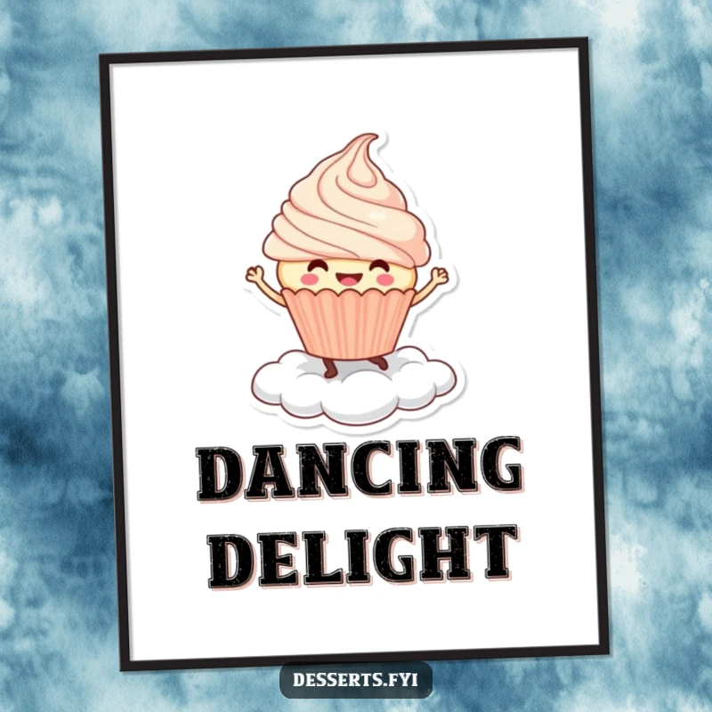 Funny Digital Art: A smiling cupcake character dances joyfully on a whipped cream cloud, a sweet and humorous artwork for instant download.