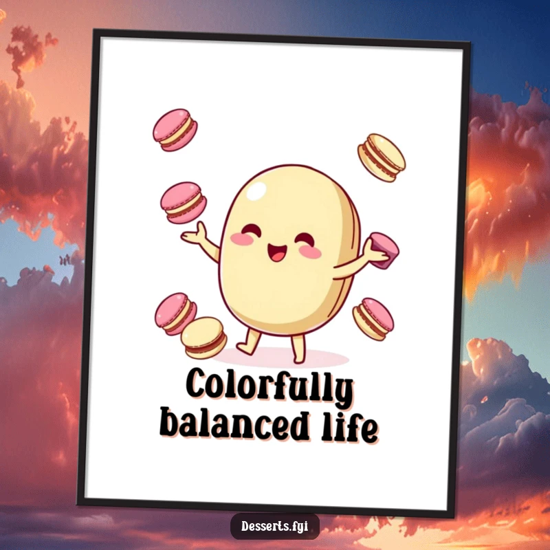 Funny Digital Art Print: A playful macaroon character juggles colorful macarons, exuding sweet joy and humorous appeal.