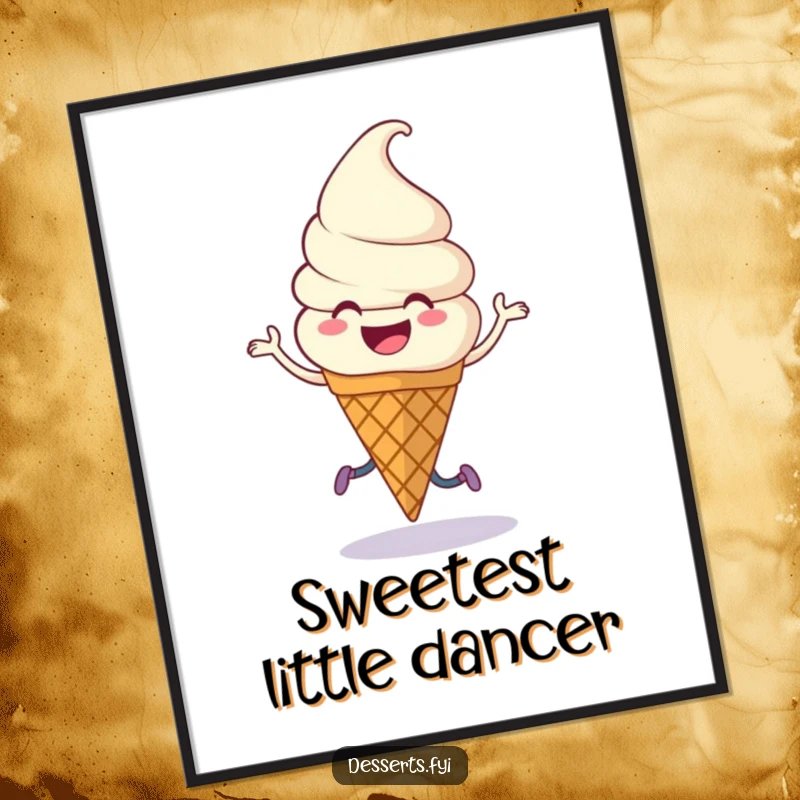 Funny Digital Art Print: Smiling ice cream cone with legs performing a joyful jig.