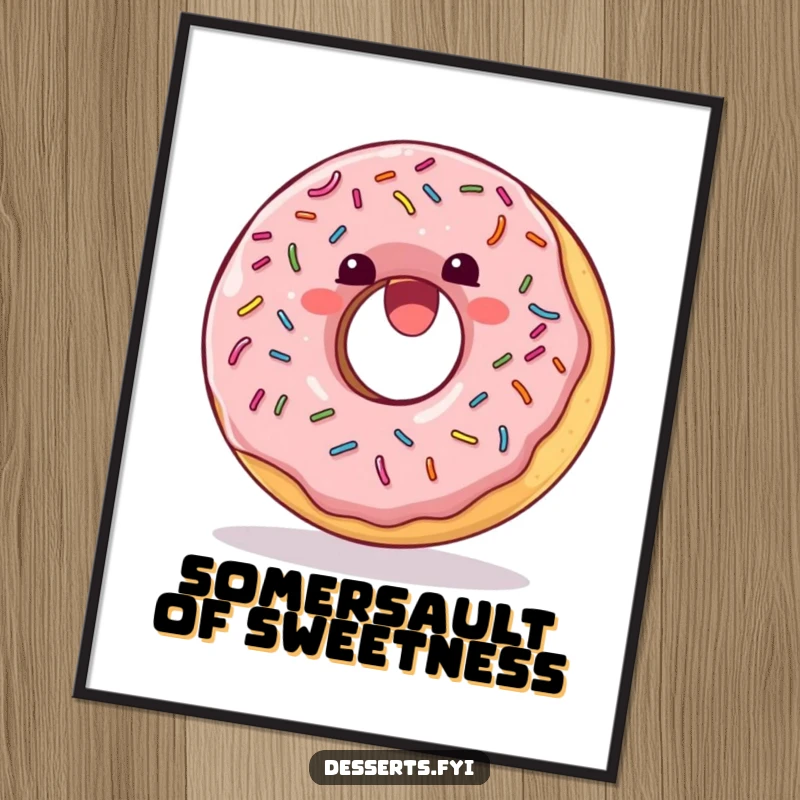 Funny Digital Art Print: A delighted donut with sprinkles joyfully doing a somersault, embodying sweet playfulness.