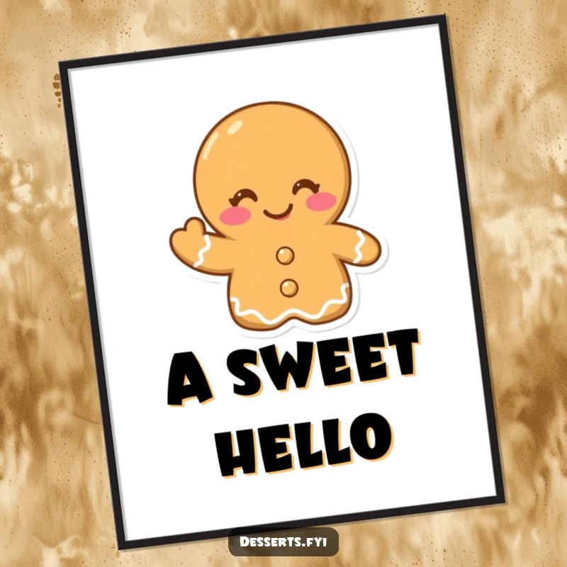 Funny digital art print of a winking gingerbread cookie giving a cheerful wave, perfect for adding instant festive cheer and playful charm to any space.