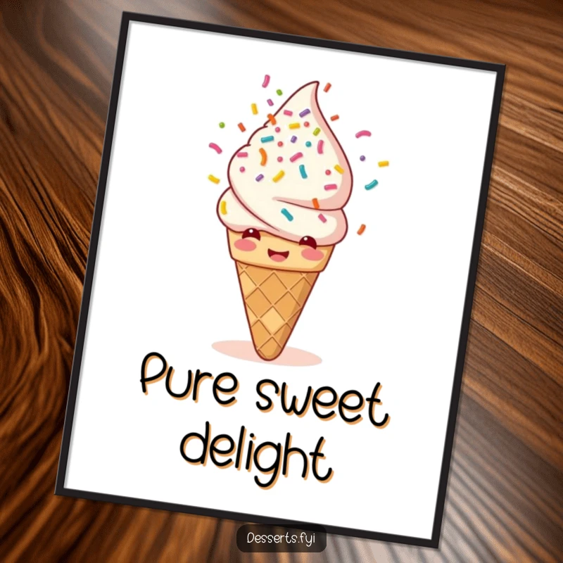 Funny digital art print of a giggling ice cream cone joyfully showering itself with rainbow sprinkles. Instant downloadable sweetness and humor for any wall.