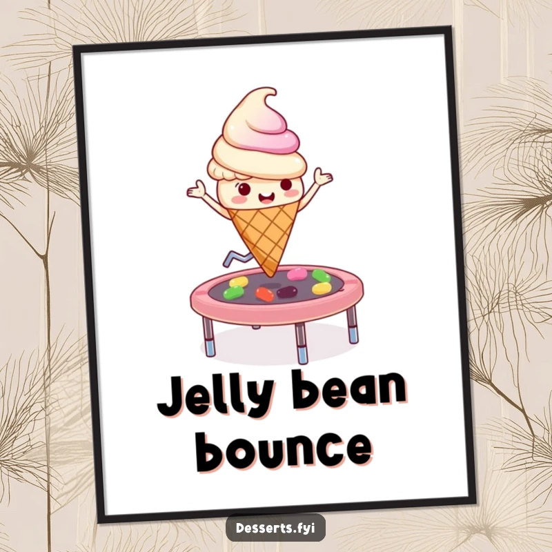 Funny playful ice cream cone character bouncing high on a jelly bean trampoline, presented as a digital art print for instant fun.