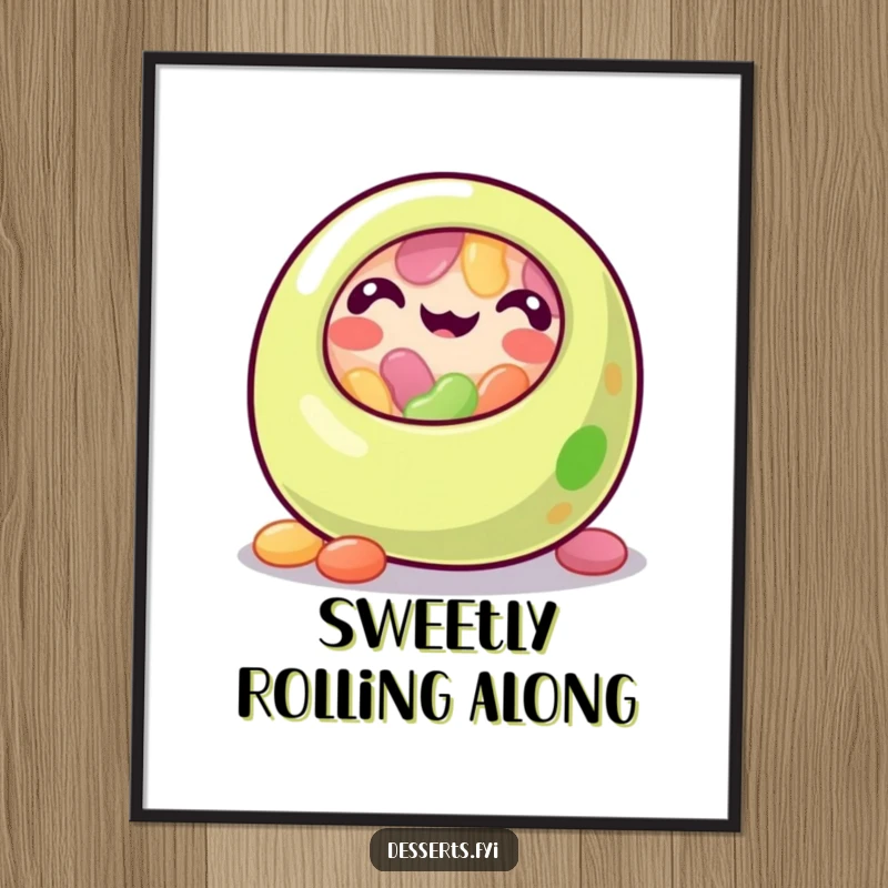Funny jelly bean digital art print showing a cheerful, rolling jelly bean character, bringing joy and playful humor to any digital display or print.