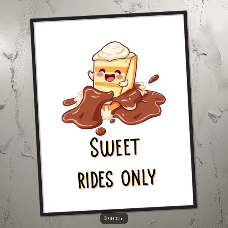 Funny cake digital art print, a happy character sliding on a chocolate syrup river, perfect for instant wall decor and sweet humor.