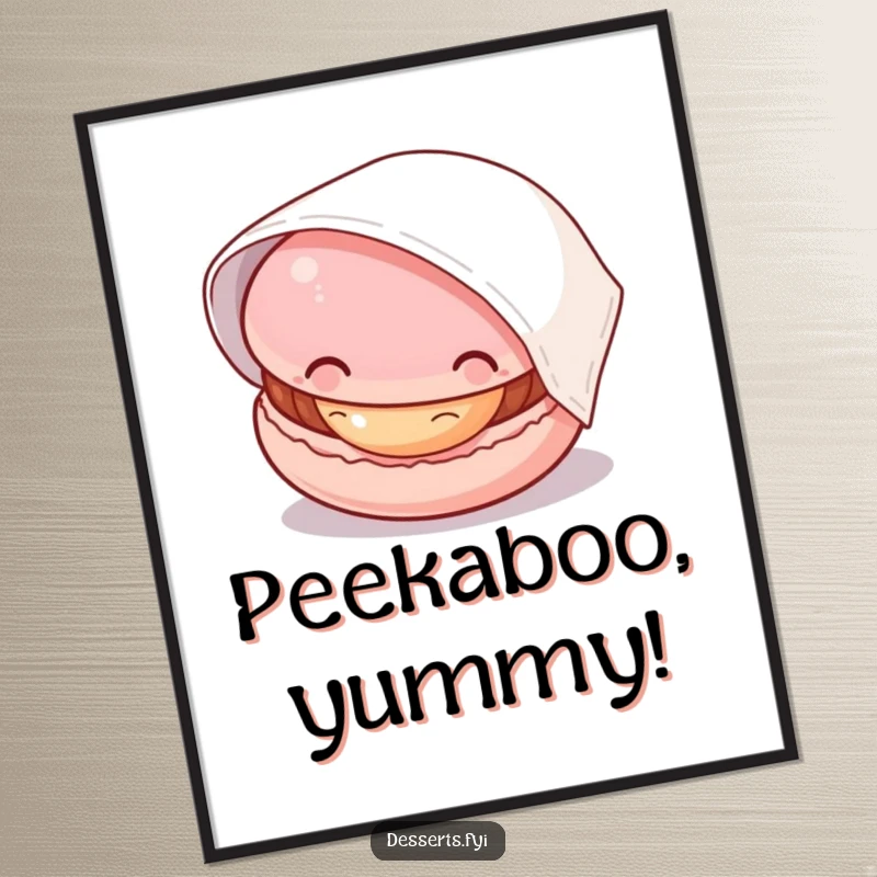 Funny macaron digital art print featuring a curious macaron peeking from under a napkin, its filling revealed, perfect for instant humorous decor.