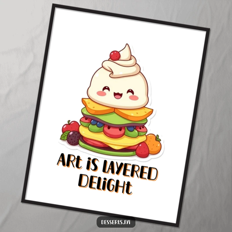 Funny digital art print of a beaming parfait character energetically stacking fruity dessert layers, perfect for instant wall decor.