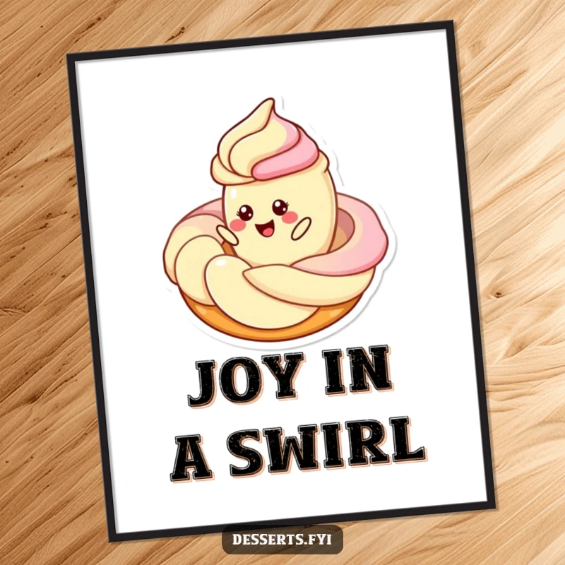 Funny digital art print of a cheerful pastry character twirling around a swirl of frosting, offering instant sweet fun and humor.