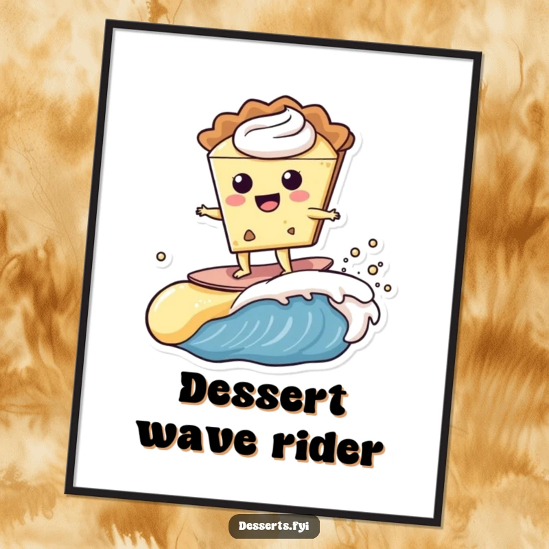 Funny happy slice of pie character surfing a creamy custard wave, presented as a vibrant digital art print for immediate joy.