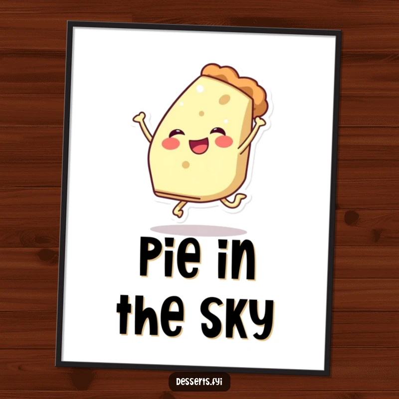 Funny digital art print: a cheerful slice of pie character does a playful leap, a whimsical and sweet piece.