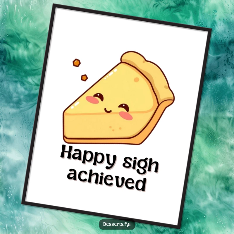 Funny pie digital art print of a content pie slice with a crusty edge, sighing happily, ideal for instant, joyful wall decor.