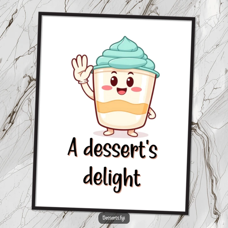 Funny digital art print of a pudding cup character giving a cheerful salute, perfect for adding a touch of sweetness.