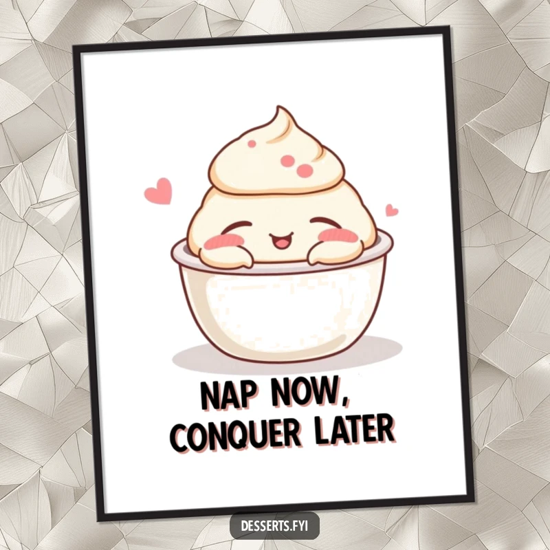 Funny pudding cup nap digital art print showing a peaceful, sleeping pudding character, bringing joy and humor to any digital display or print.