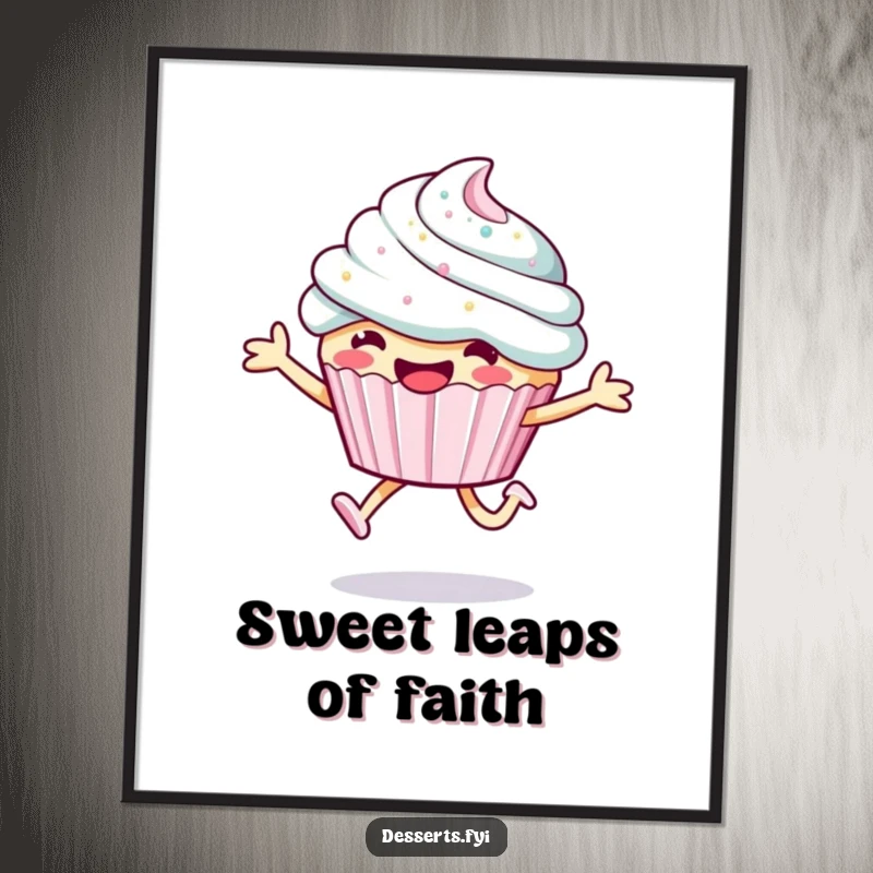 Funny cupcake digital art print, a happy character leaping with sparkly frosting, perfect for instant wall decor and sweet humor.