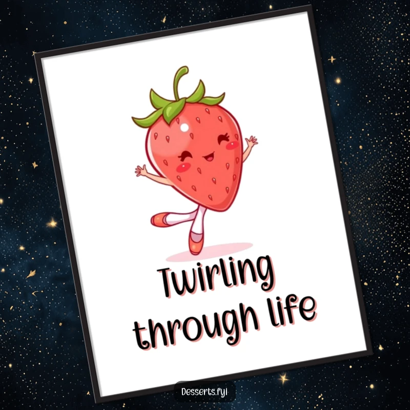Funny digital art print of a bouncing strawberry in tiny ballet slippers, mid-twirl. Whimsical wall decor.