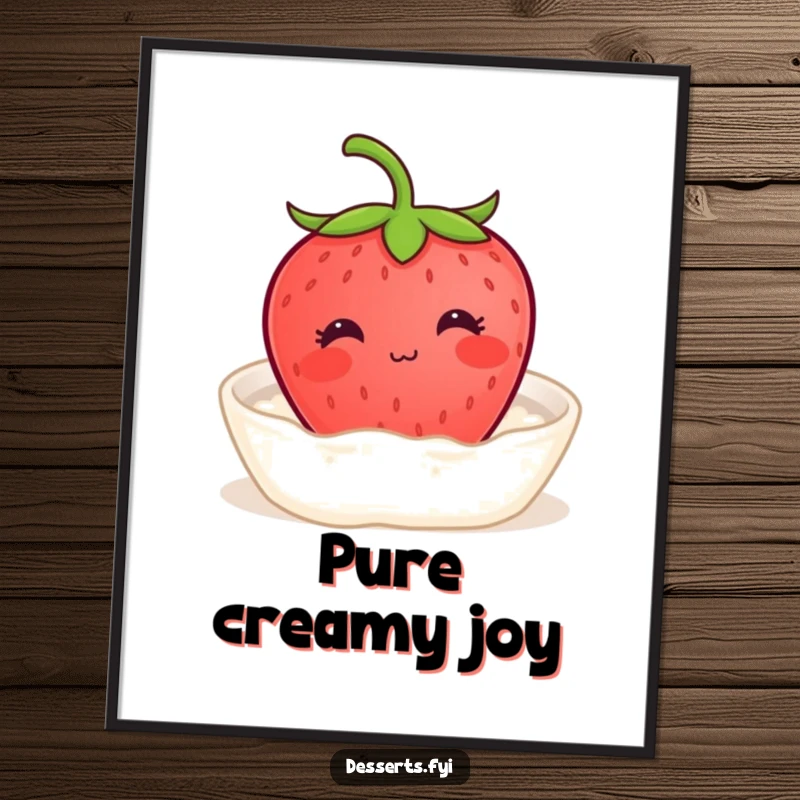 Funny digital art print of a content strawberry with a tiny smile enjoying a bath of cream, perfect for adding instant sweet serenity and blissful calm.
