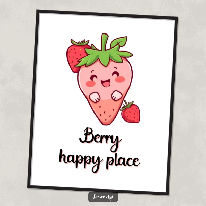 Funny digital art print of a happy strawberry character peeking from behind a berry, perfect for adding sweet charm.
