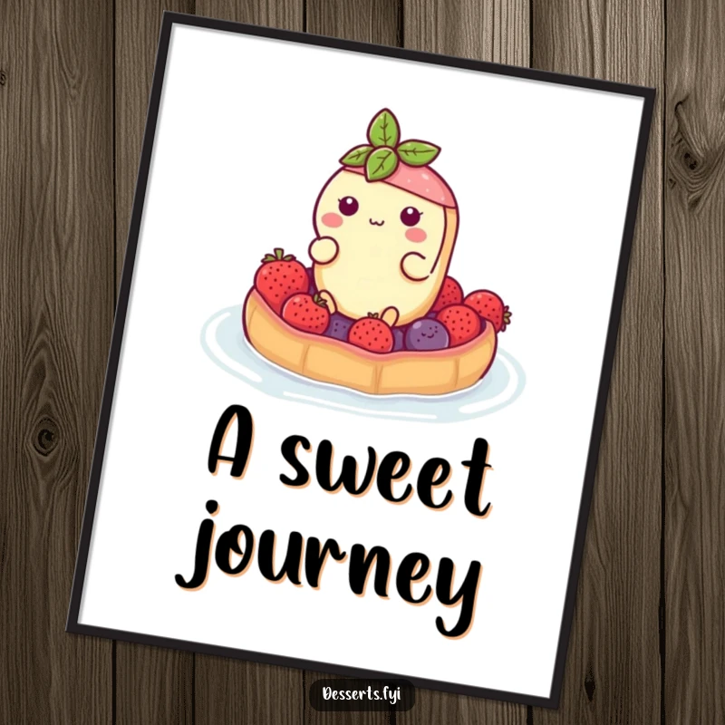 Funny digital art print of a buoyant tart character floating on a berry raft, offering instant sweet charm and humorous relaxation.