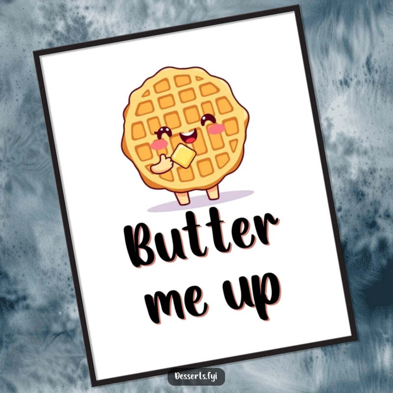 Funny Waffle Digital Art Print of a smiling waffle character holding butter, ready to be printed for a dose of breakfast humor.