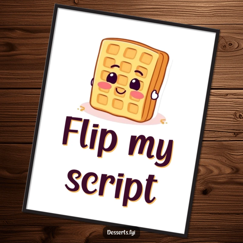 Funny digital art print of a smiling waffle with determined enthusiasm trying to flip itself. Cheerful wall decor.