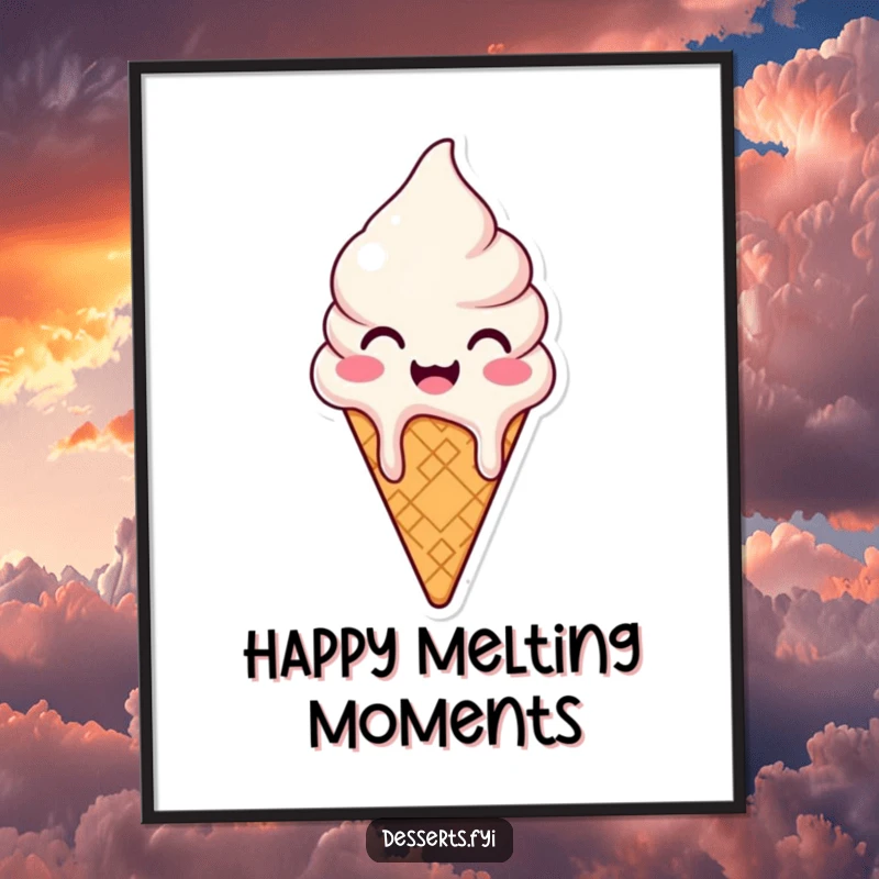 Funny digital art print of a happy ice cream cone character melting, perfect for instant download and joyful, sweet decor.