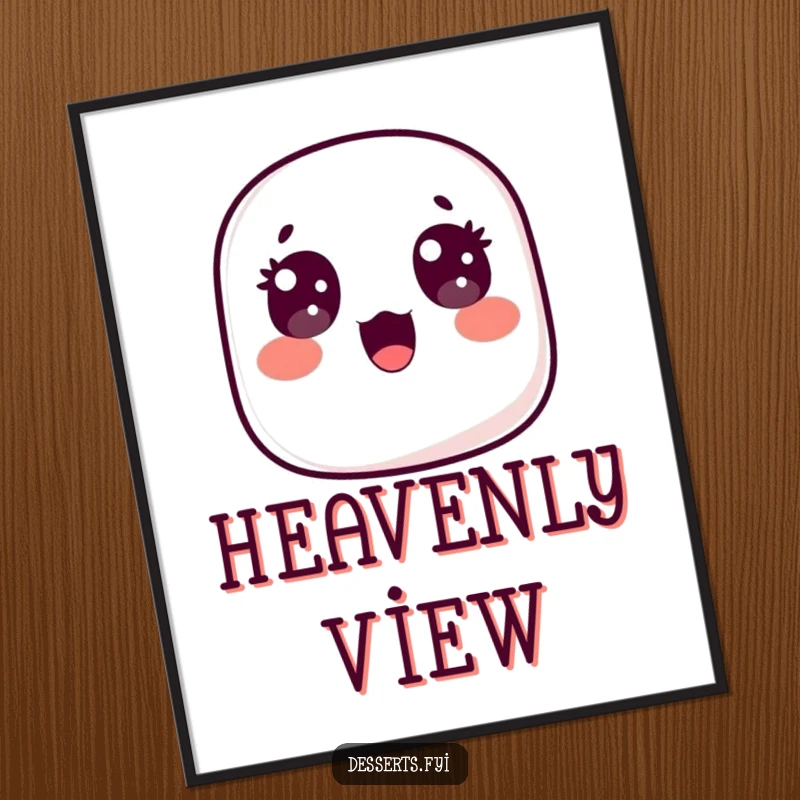 Funny digital art print of a surprised marshmallow floating upwards with wide, happy eyes, perfect for adding instant whimsical joy and cheerful surprise to any digital display.