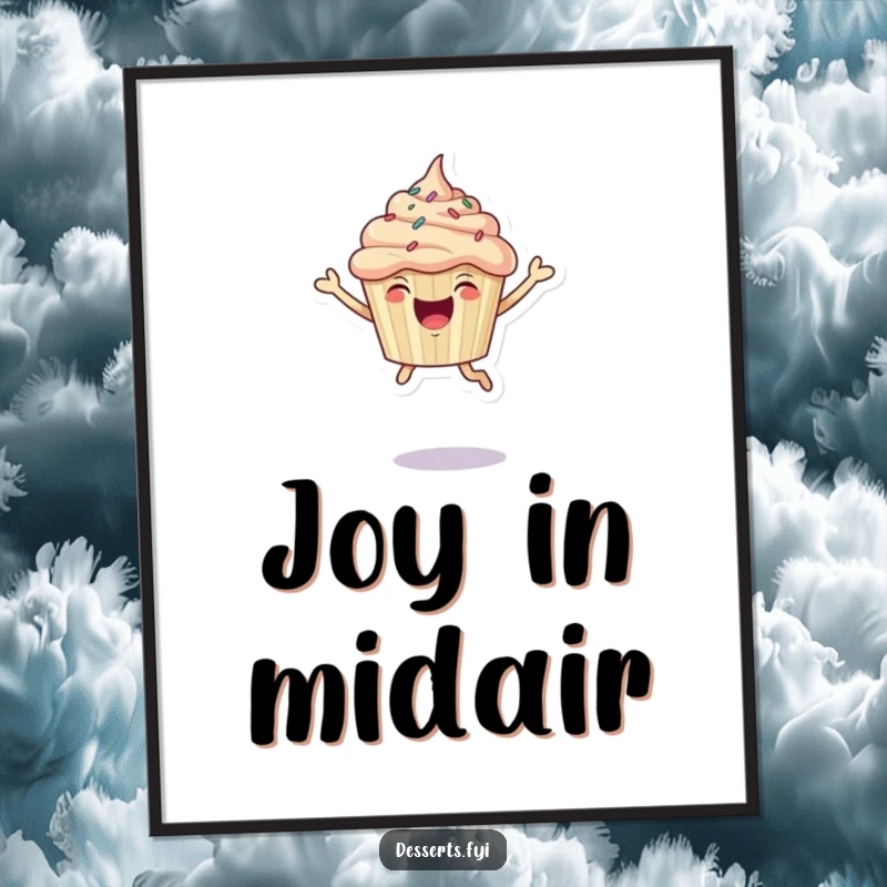 Funny Digital Art Print: Joyful cupcake with sprinkles leaping enthusiastically into the air.