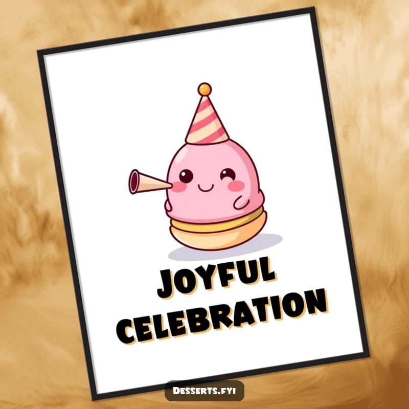 Funny Digital Art Print: A happy macaron wearing a tiny party hat and blowing a horn, embodying festive celebration.
