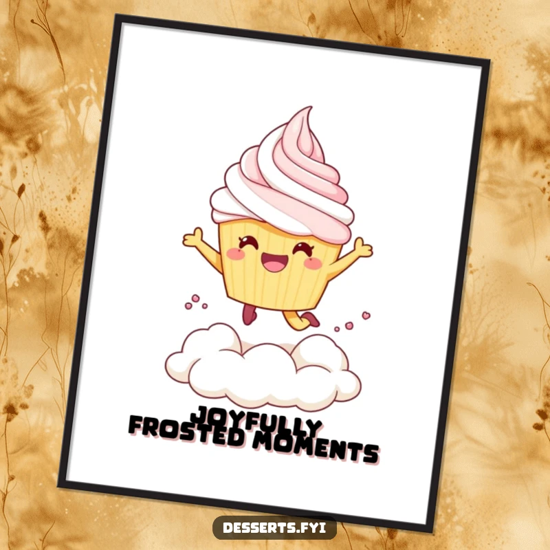 Funny Digital Art Print: Cheerful cupcake character joyfully leaps into whipped cream, sweet and humorous, high resolution.