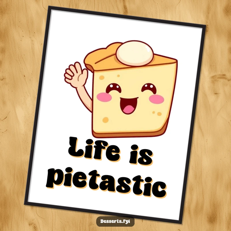 Funny pie slice digital art print showing a cheerful pie character waving, bringing joy and dessert-themed humor to any digital display or print.
