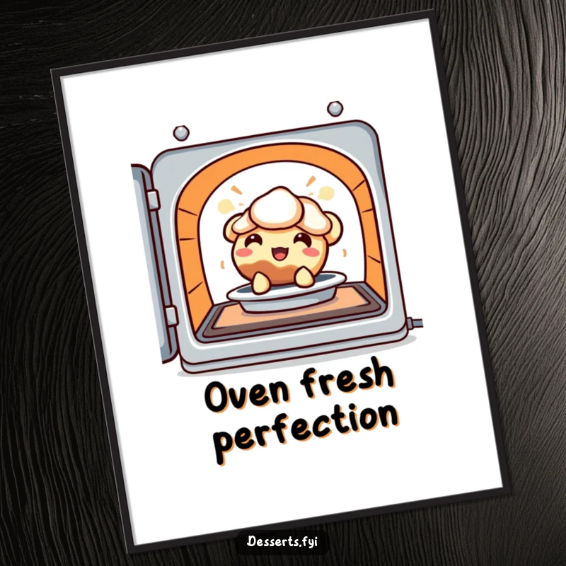 Funny Digital Art Print: A delighted pie character peeks from a warm oven, exuding sweet joy and humorous appeal.