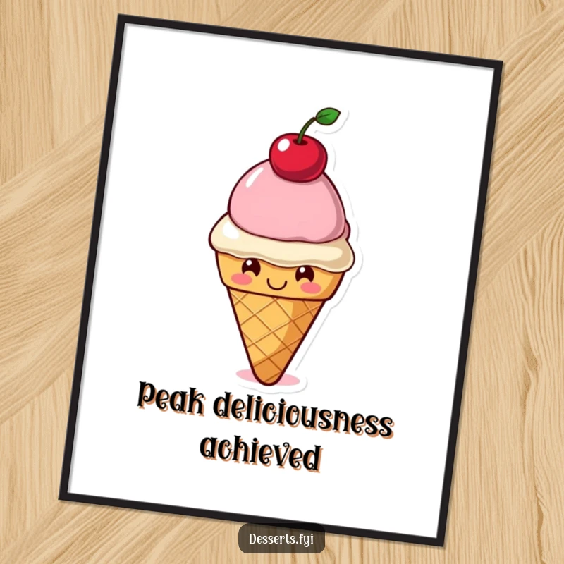 Funny Digital Art Print: A smiling ice cream cone character balances a cherry on its head, exuding sweet joy and humorous appeal.