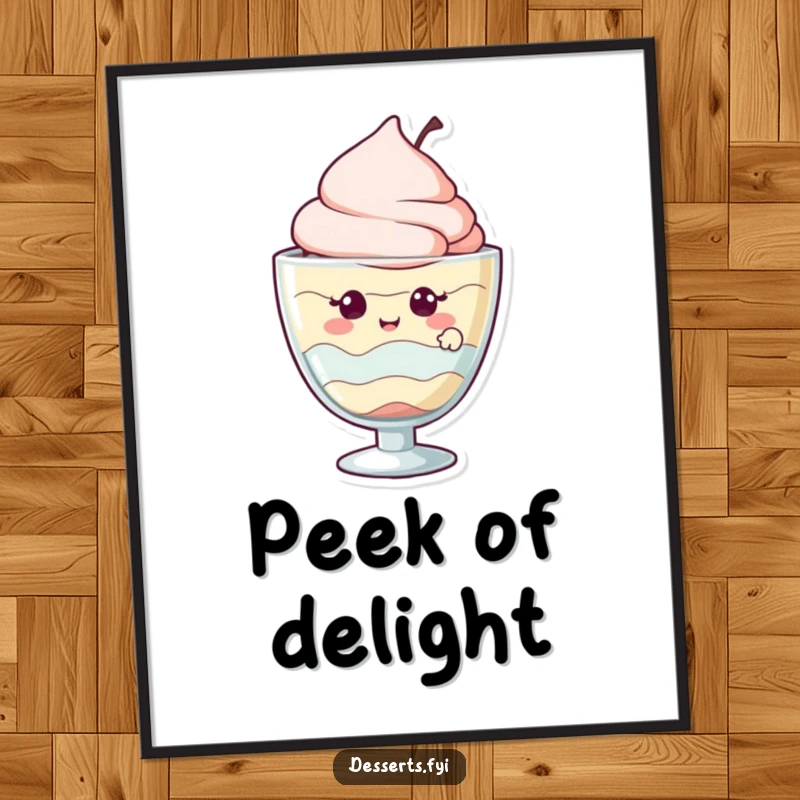 Funny digital art print of a giggling parfait character peeking out from its glass, radiating sweet delight.