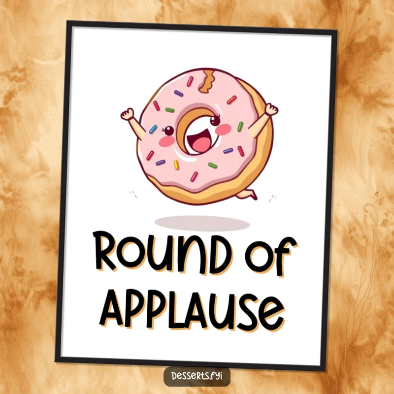 Funny digital art print of a cheerful donut with sprinkles doing a joyful cartwheel.