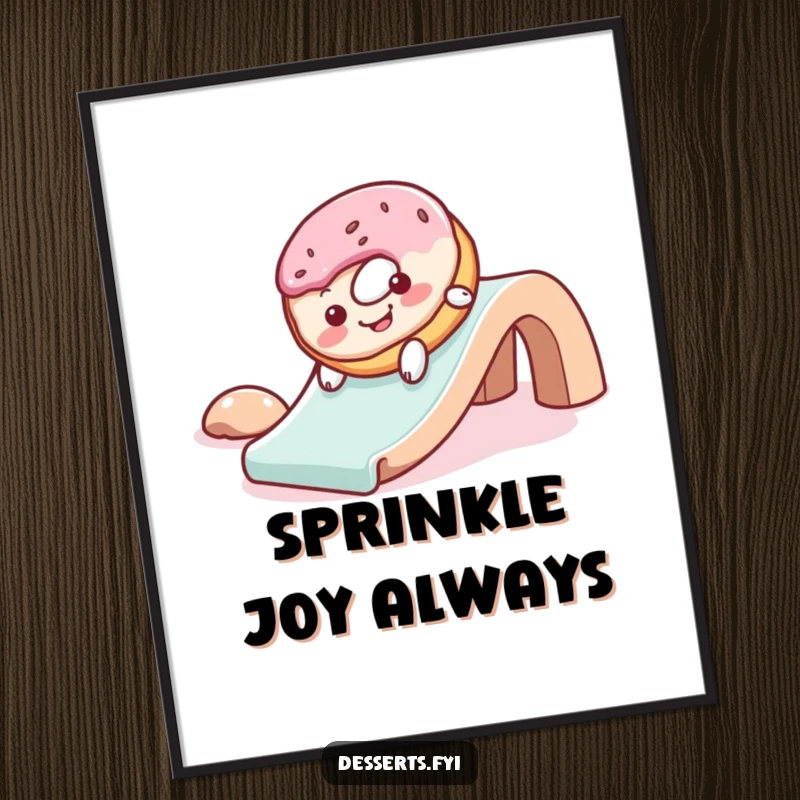 Funny digital art print of a cheerful donut with frosting, gleefully sliding down a slide, perfect for adding joyful wall decor.