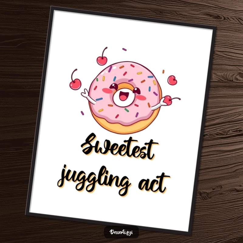 Funny donut character joyfully juggling sprinkles and cherries, presented as a digital art print for immediate visual fun.