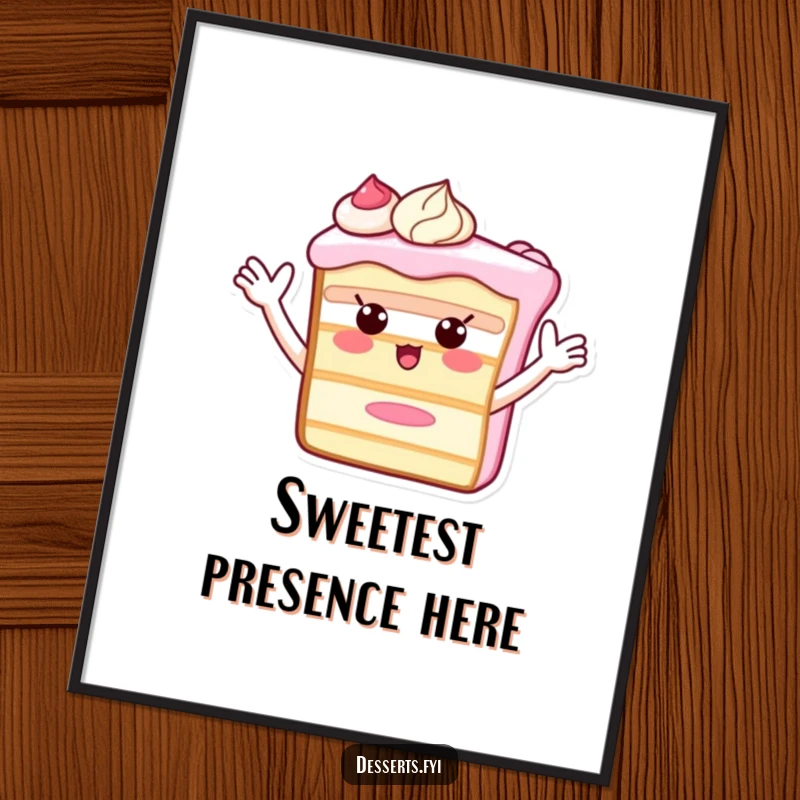 Funny Digital Art Print of a happy cake slice character with frosting arms waving enthusiastically, perfect for adding sweet, humorous decor.