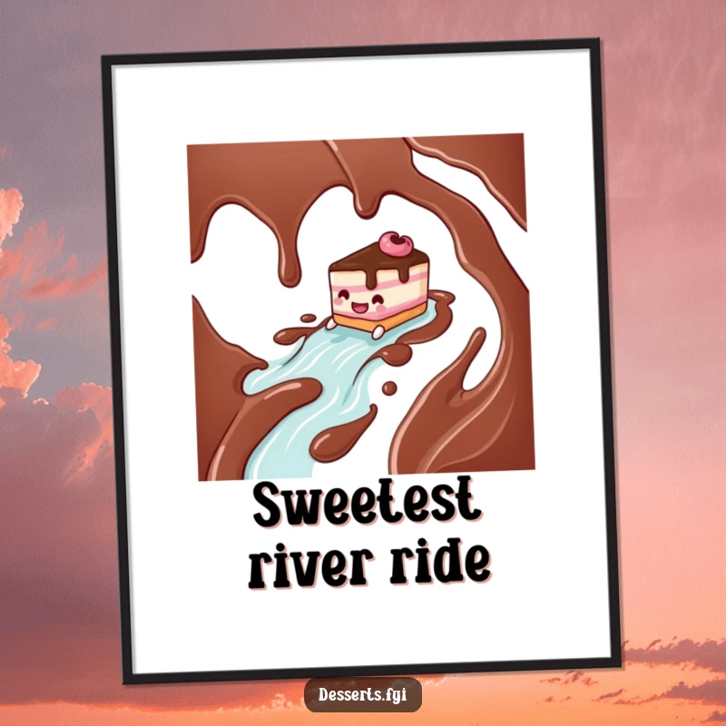 Funny smiling cake character enjoying a wild ride down a chocolate syrup river, presented as a digital art print for immediate joy.