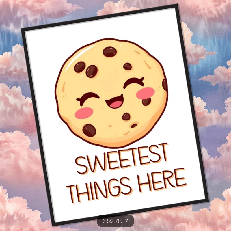 Funny digital art print of a delighted chocolate chip cookie winking playfully, perfect for adding humorous and sweet wall decor.