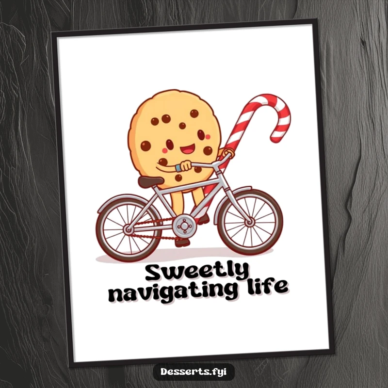 Funny digital art print of a whimsical cookie character cycling a small bike around a candy cane, offering instant joy and humor.