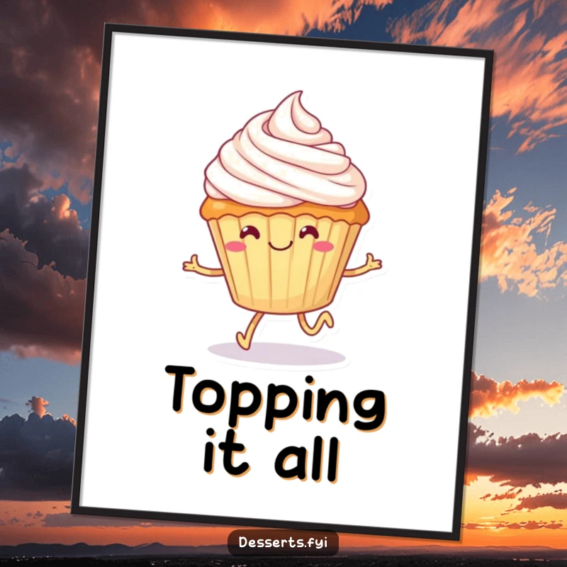 Funny cupcake digital art print, a smiling dessert with tiny legs happily skipping with frosting on its head, offering instant humorous sweet wall art.