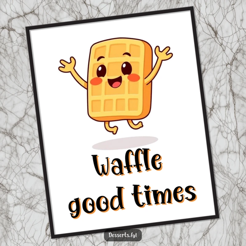 Funny digital art print of a smiling waffle character performing jumping jacks, perfect for adding energetic fun.